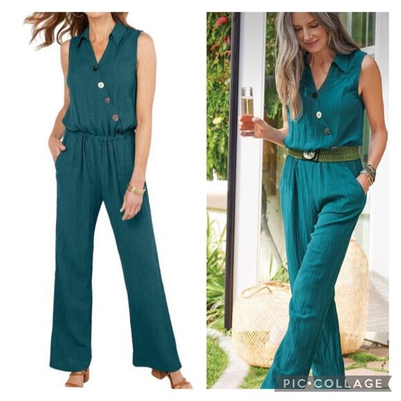 Soft Surroundings Pants - Soft Surrounding Teal Rio Jumpsuit Button Accents Size Medium
